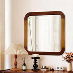 Bathroom Mirror 24 x 24 Inch,Brown Wood Rustic Rectangle Tempered Wall Mirror with Wood Frame,Round Corner Farmhouse Wooden Vanity Mirror for Living Room,Entryway or Bedroom（Walnut Brown）