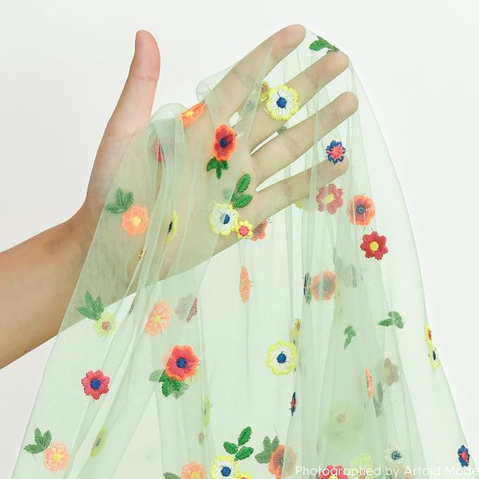 Artoid Mode Sage Green Embroidery Daisy Gauze Table Runner 120 Inch 10FT, Seasonal Sheer Dining Holiday Wedding Birthday Table Decor for Home Party