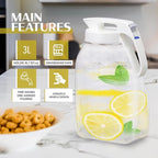 QuickServe Large Airtight Pitcher - 3L (101oz), Heat Resistant, BPA-Free SAN Plastic, One Touch Open & Close, Space-Saving, Made in Japan - White