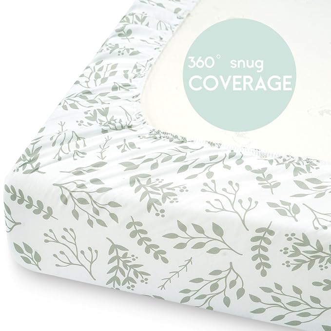 Yoofoss Pack and Play Sheets Fitted, Mini Crib Sheets 2-Pack for Pack N Play Mattress, Stretchy Playard Sheet, Soft and Breathable Green + Leaf