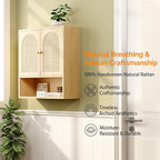 VINGLI Rattan Bathroom Wall Cabinet, Boho Medicine Cabinet with 2 Handwoven Rattan Doors & Adjustable Shelf, Wood Hanging Storage Cabinet with Open Shelf for Kitchen, Laundry, Entryway, Oak Finish