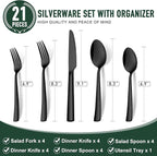 21-Piece Modern Black Silverware Set with Organizer Tray Stainless Steel Eating Utensil Sets Kitchen Knives Forks and Spoons Cutlery Set Heavy Duty Tableware Flatware Sets for 4, Dishwasher Safe