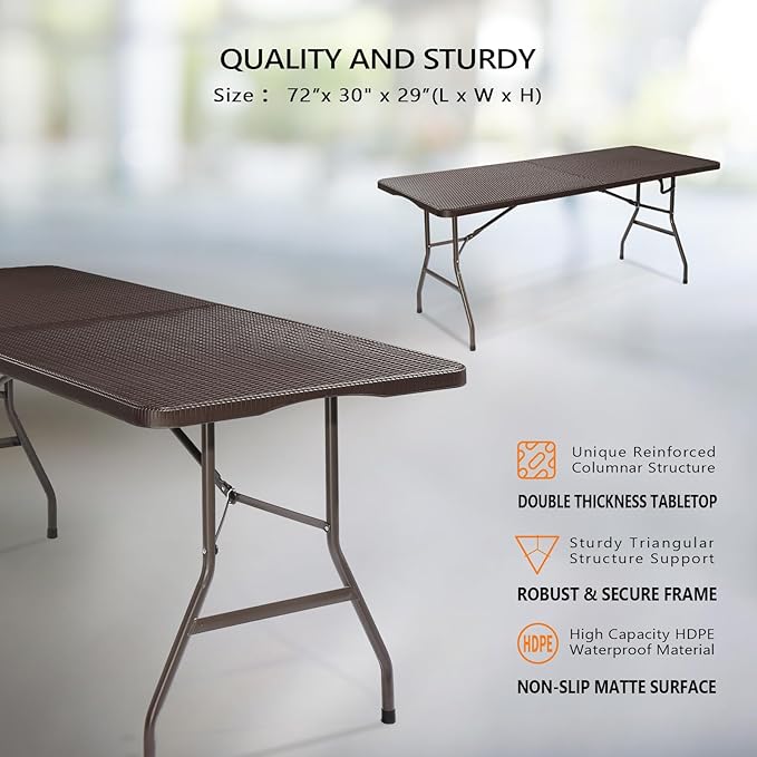 VINGLI 6 Foot Plastic Folding Table Portable Long Table for Indoor Outdoor Use Rectangular with Carrying Handle,Rattan Patterned HDPE Tabletop, Brown