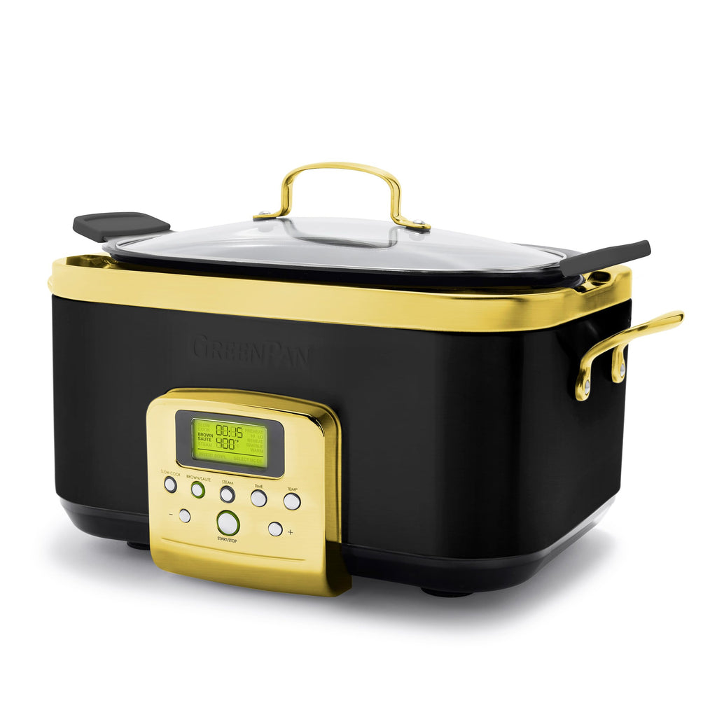 GreenPan Elite 8-in-1 Programmable 6QT Electric Slow Cooker, Dishwasher Safe Lid & Removable Crock, PFAS-Free Healthy Ceramic Nonstick Multi-Cooker, Sear, Sauté, Brown, Steam Basket, Roast, Gold