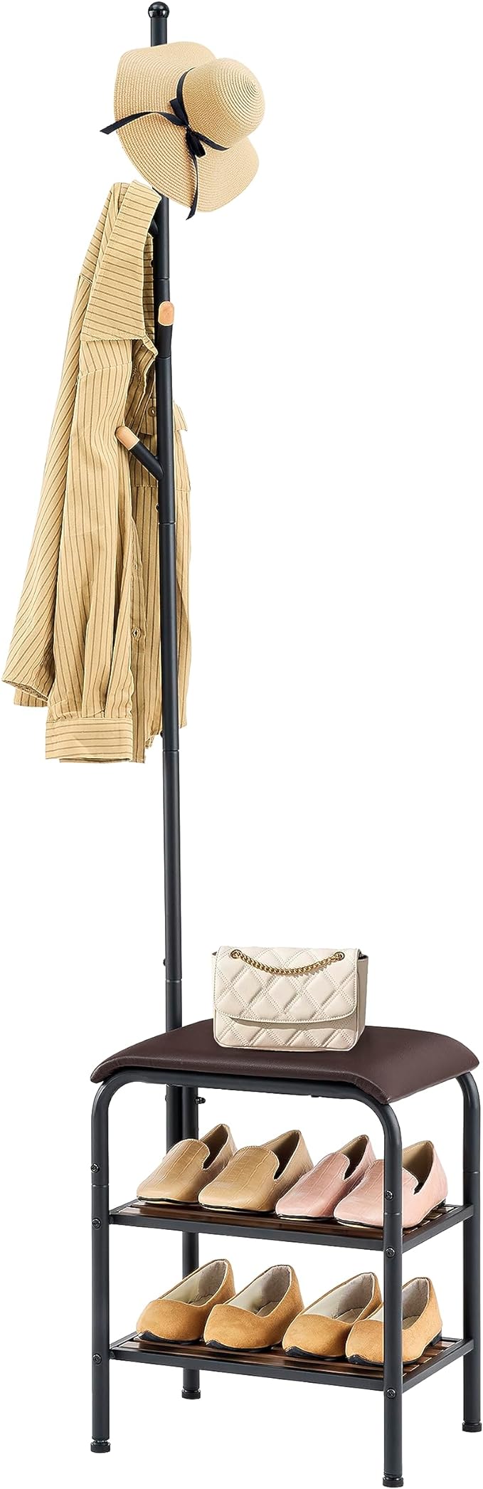 Gewudraw Coat Rack Stand Shoe Bench - 3 in 1 Coat Hall Tree with Shoe Storage With Benches Small Metal Shoes Shelf for Entryway Living Room Bedroom Hallway Mudroom