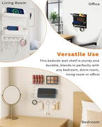 JWShang Bedside Wall Shelf - Adhesive Nightstand Organizer with Hooks and Cable Clips for Earphone Key Remote, Wall Mounted Storage for Bedroom, Dorm, RV, Rental (White)