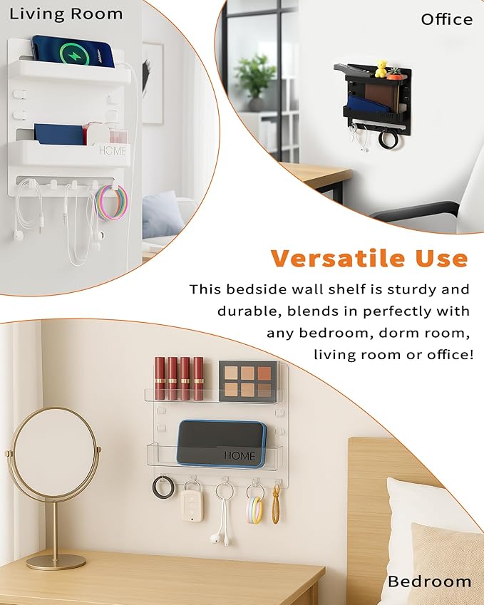 JWShang Bedside Wall Shelf - Adhesive Nightstand Organizer with Hooks and Cable Clips for Earphone Key Remote, Wall Mounted Storage for Bedroom, Dorm, RV, Rental (White)