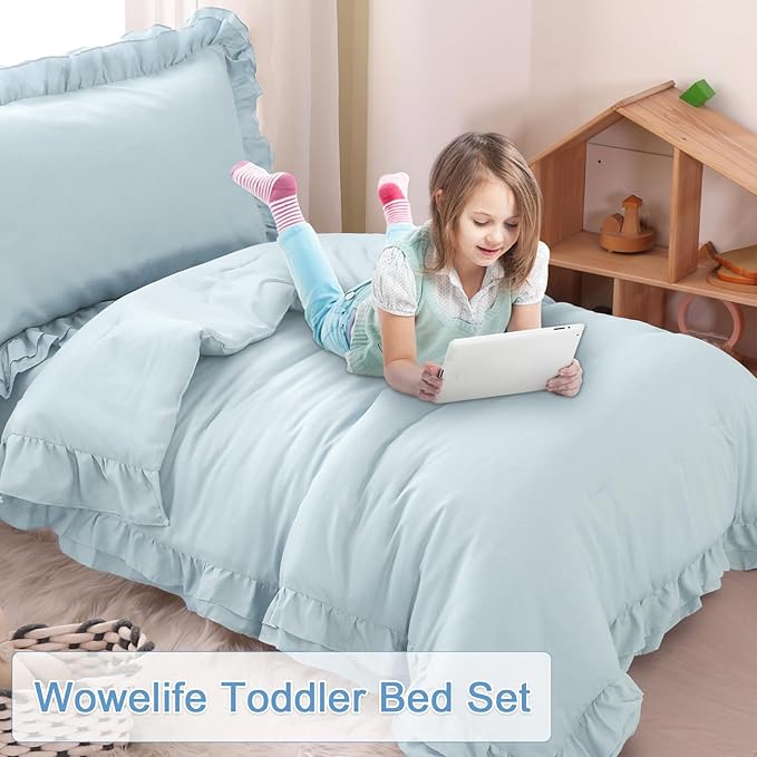 Wowelife Toddler Comforter for Girls Blue Toddler Bedding Set 4 Pieces Double Ruffles Comforter Sets, Cozy and Tender Bedding Includes Comforter, Fitted Sheet, Flat Top Sheet and Pillowcase