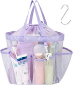 F-color Mesh Shower Caddy Portable with Drawstring - Large 8 Pockets Dorm Room Essentials for Guys Girls with S Hook, Shower Bag Basket Tote for College Camping Gym Travel Toiletry Bathroom, Purple