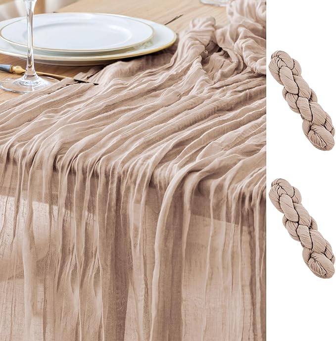 Asee'm 2pcs Cheesecloth Table Runner 120 Inches Long Nude Pink Boho Gauze Cheese Cloth Runner 10FT Rustic Sheer Table Runners for Christmas Wedding Party Baby Shower Spring Easter Decoration