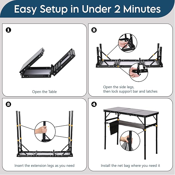 LOFTEY Folding Camping Table with 3 Adjustable Height, 3ft Foldable Aluminum Camp Table, Lightweight with Storage Bag, Portable for Outdoor, BBQ, Hiking, 34.2" x 15.7" x 27.5", Black