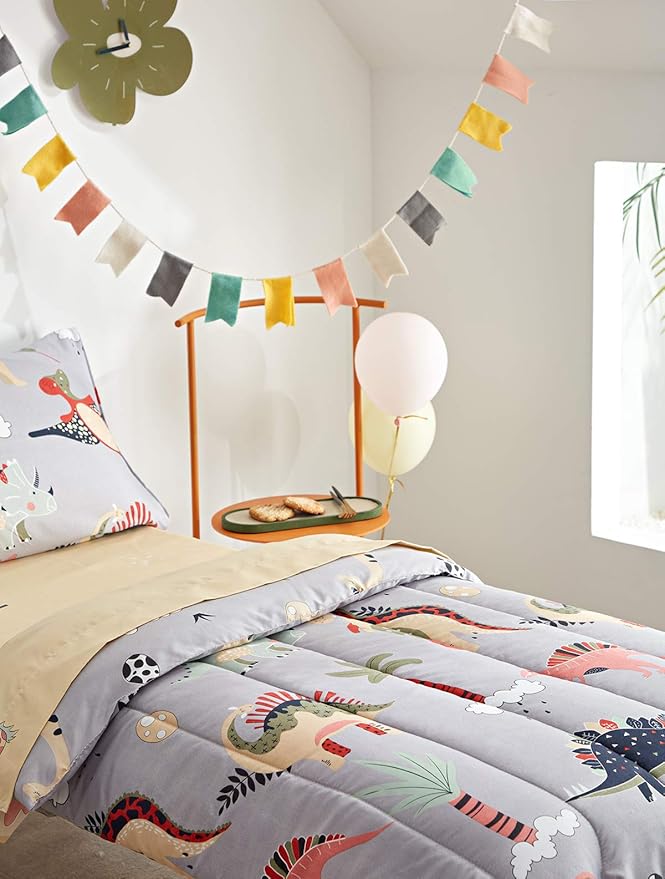 UOZZI BEDDING 4 Piece Gray Dinosaurs Toddler Bedding Set with Colorful Dinos Boys Bed Comforter Sheet Set