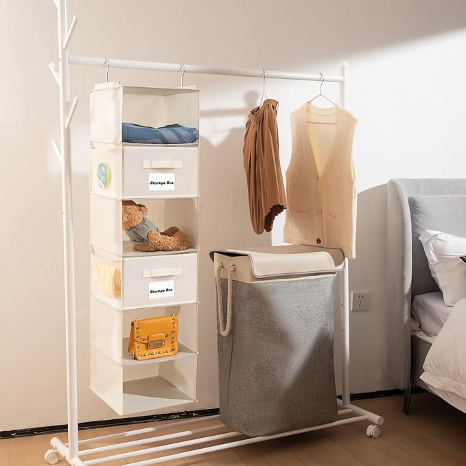 BrilliantJo 2 Pack 6 Shelves Hanging Closet Organizer with 2 Drawer, Hanging Storage with 4 Side Pockets for Clothes Shoes, 43.5"x12"x12"(Beige)
