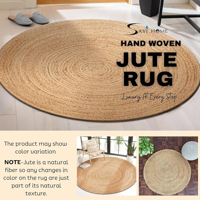 Savi Home Jute Area Rug Handwoven - 4 feet Round- Natural - Rustic Vintage Beige Braided Reversible Rug- Eco Friendly Rugs for Farmhouse, Bedroom, Kitchen, Living Room.