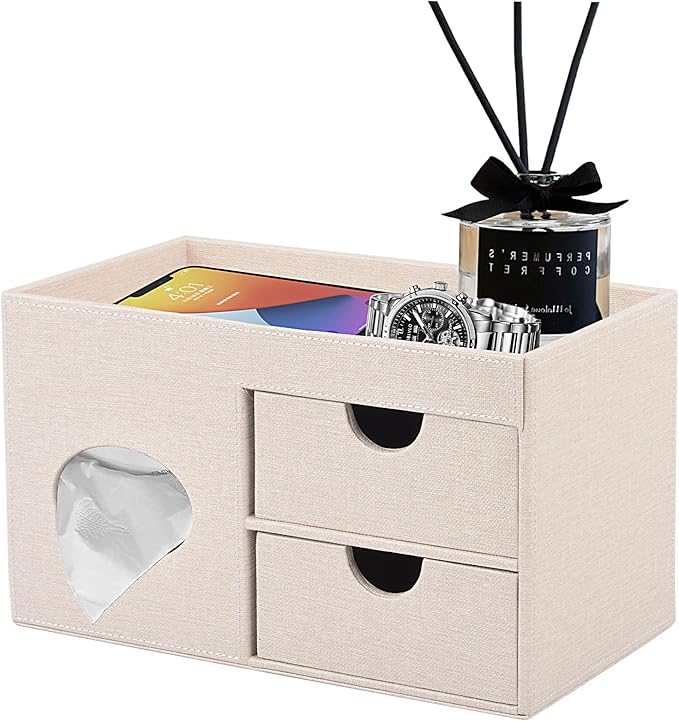 Square Tissue Box Cover with Drawers,Tissue Box Holder with Storage Tray, Makeup Organizer and Desk Organizer,Tissue Holders Decorative for Bathroom Vanity NightStand Dressing Table (Beige)