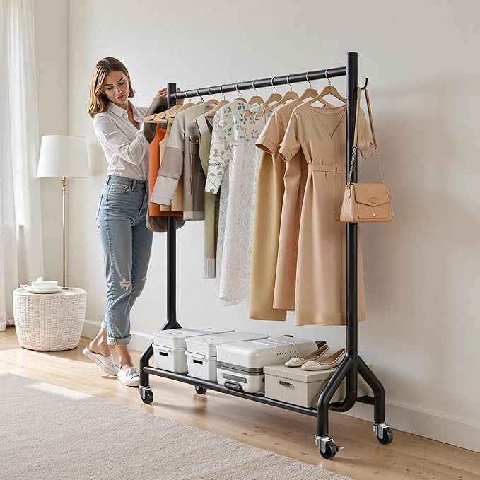 VEVOR Clothes Rack, Rolling Clothing Garment Rack with Hanging Rod and Side Hooks, 198 lbs Load Capacity, Heavy Duty Carbon Steel Clothing Racks with Wheels, Ideal for Bedroom, Laundry, Living Room
