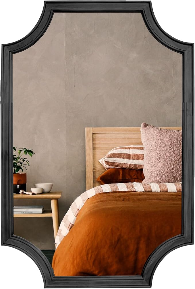 WallBeyond 20" x 30" Full Scalloped Corners Arch Rectangle Wall Mirror with Wood Frame for Entryway, Living Room or Bedroom Home Decor - Light Woodgrain [20" x 30" Black]