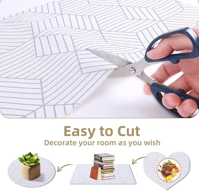 Shelf Liners for Kitchen Cabinets Non Adhesive Shelf Liner Paper Non-Slip Thickened Drawer Liner Easy to Clean for Tool Box Refrigerator with Knife and Tape Measure, Silver Geometric, 23.6 x 236.2 in