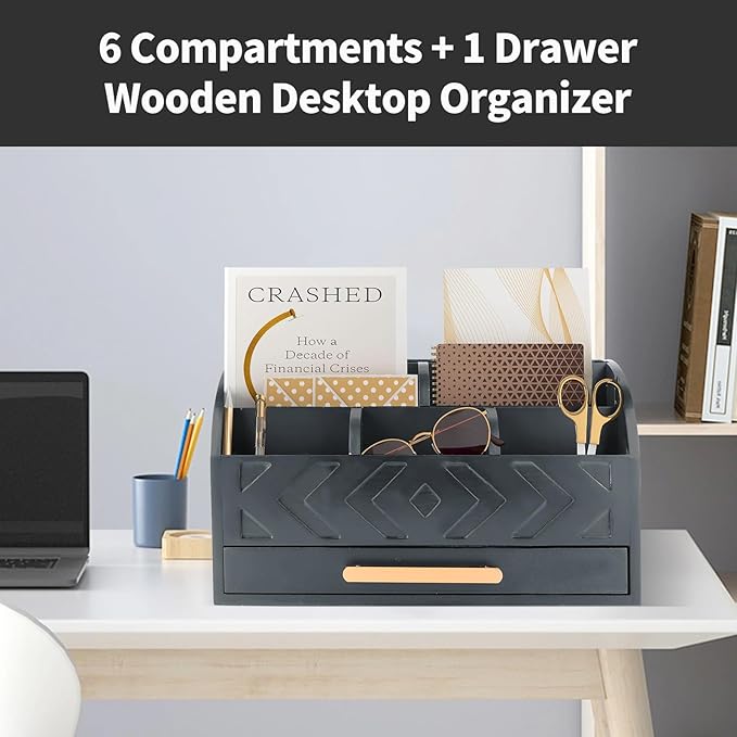 Wooden Desk Organizer Mail Organizer Countertop, Desktop Organizer Mail Sorter Mail Holder Bill Organizer for Desk, Desk Organizers and Accessories for Women (Black)