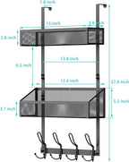 2-Tier Over Door Hook & Basket Organizer 12 Hooks + 2 Mesh Baskets for Bathroom Towels, Kitchen Pantry & Bedroom Storage, No-Drill Hanging Rack, Black