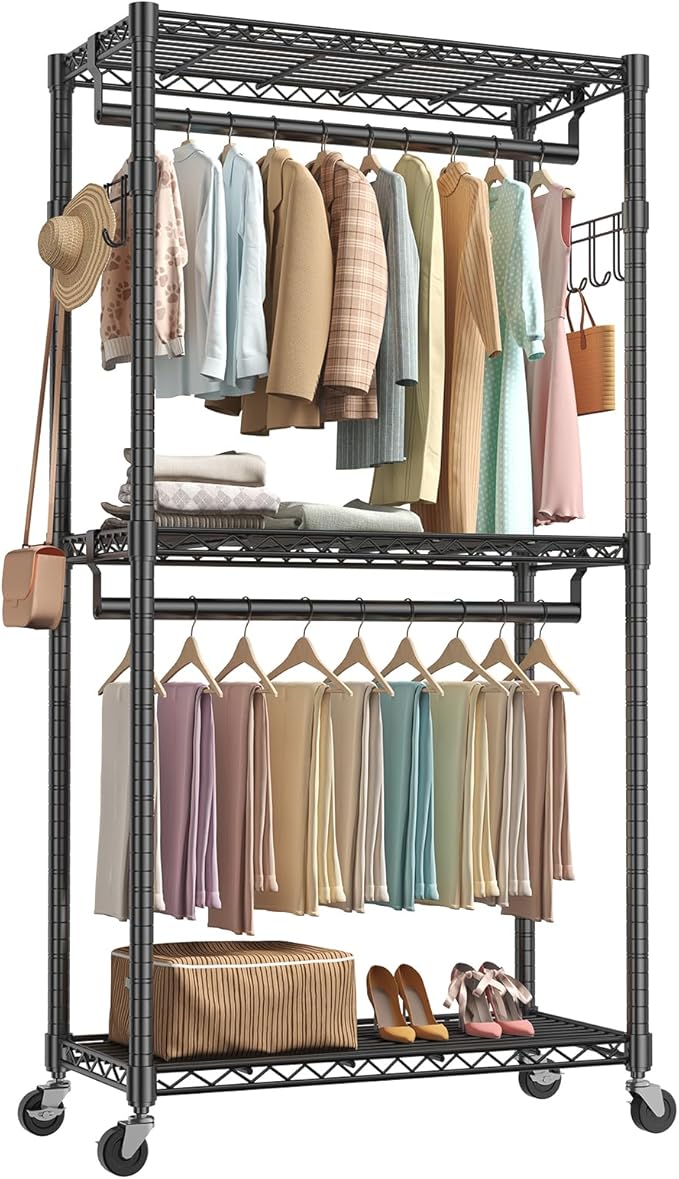 OLIXIS Clothes Rack Heavy Duty Adjustable Garment Clothing Rack with Wheels, Rolling Metal Freestanding Closet Organizer for Hanging Clothes with 2 Side Hooks, Double Rods, 35" x 15" x 75", Black