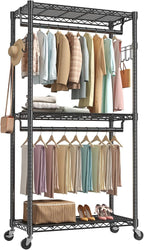 OLIXIS Clothes Rack Heavy Duty Adjustable Garment Clothing Rack with Wheels, Rolling Metal Freestanding Closet Organizer for Hanging Clothes with 2 Side Hooks, Double Rods, 35" x 15" x 75", Black