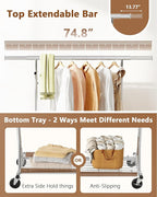 Hoctieon 1-Minute Assembly Clothes Rack, 480 lbs Heavy Duty Rolling Clothing Racks with Wheels, Foldable Garment Rack, Extendable Hanging Bar, Adjustable Metal Pole with Hooks, Chrome