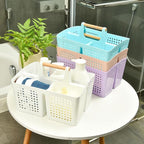 Portable Shower Caddy Basket with Wood Handle, 3-Compartment Bathroom Organizer Tote with Drain Holes, Plastic Shower Basket for Dorm, Toiletries, Cleaning Supplies, Deep Blue
