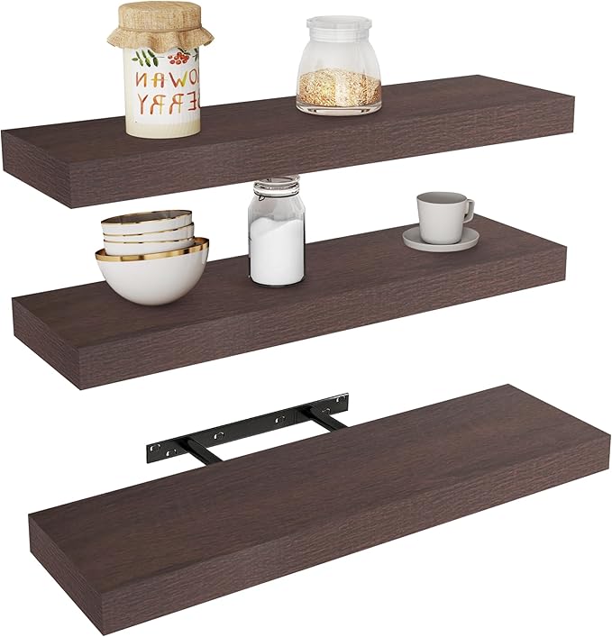 Vervida® Shelves for Wall Storage for Bathroom, Bedroom, Living Room, Kitchen, Hanging Shelf for Books/Storage/Room Decor with 32 Lbs Capacity Floating Wall Shelves (Brown, Set of 3, 24" W x 5.8" D)