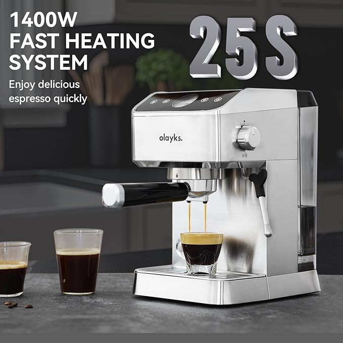 Olayks Espresso Machine 20 Bar, Brush Stainless Steel Espresso Maker with Milk Frother Steam Wand, 1400W Espresso Coffee Machine with 1.8L Removable Water Tank for Latte, Cappuccino,Machiato