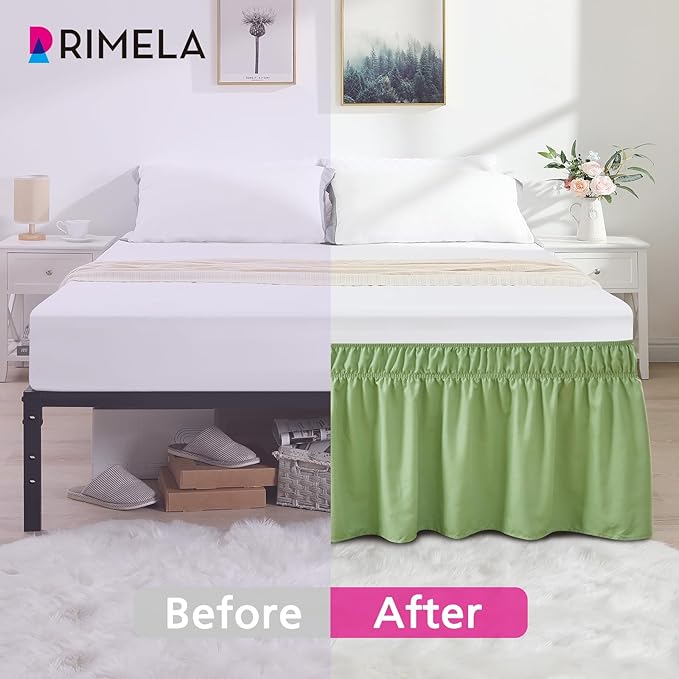 RIMELA Light Green Bed Skirt Queen Size 15 Inch Drop, Elastic Bed Skirting, Bedding Dust Ruffle Easy to Install, Wrap Around Bedskirt, Bedroom Decor