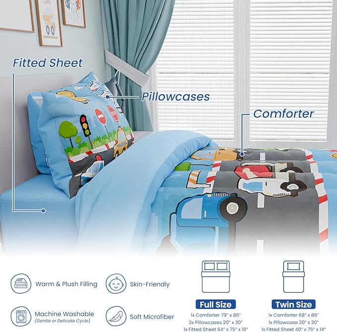 Transportation Kids Bedding Set for Boys, Ultra Soft Microfiber Comforter Set Twin Size with 3-Pieces, Comforters Bed Sets for Boy Children Kids