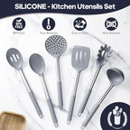 Silicone Kitchen Utensils Set - Culinary Couture 6-Pieces Grey Silicone Cooking Utensils Set for Nonstick Cookware - Stainless Steel Handle
