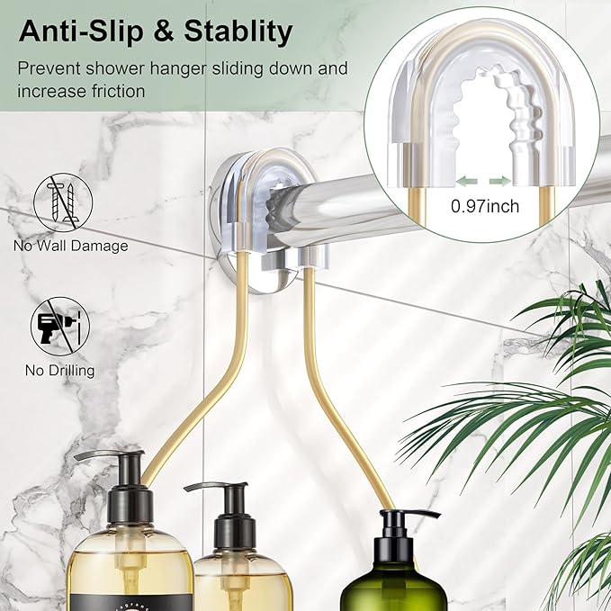 SRIWATANA Shower Caddy Hanging, Bathroom Organizer, No Drilling Shelves Over Shower Head, Bath Rack Holder with Hooks for Razors and Sponge - Gold