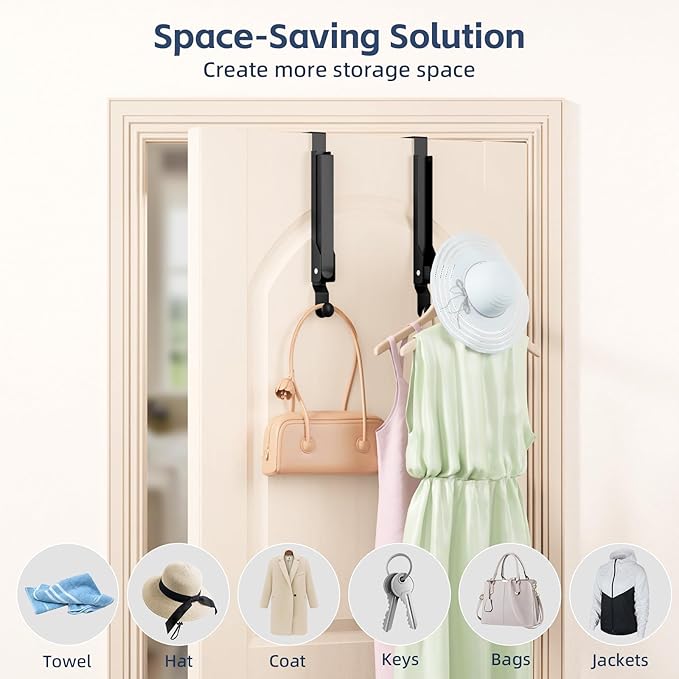 4 Pack Over The Door Hanger Foldable Over The Door Hooks，Rust-Resistant Overdoor Hanger Hook for Laundry (Clothes Drying Rack)&Bathroom (Towel Rack) Small Portable, Black