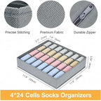 Sock Organizer 4 Pack, 24 Cell Underwear Organizer Foldable Underwear Storage, Sock and Underwear Drawer Organizer for Socks Ties Underwear Belts. (Grey)