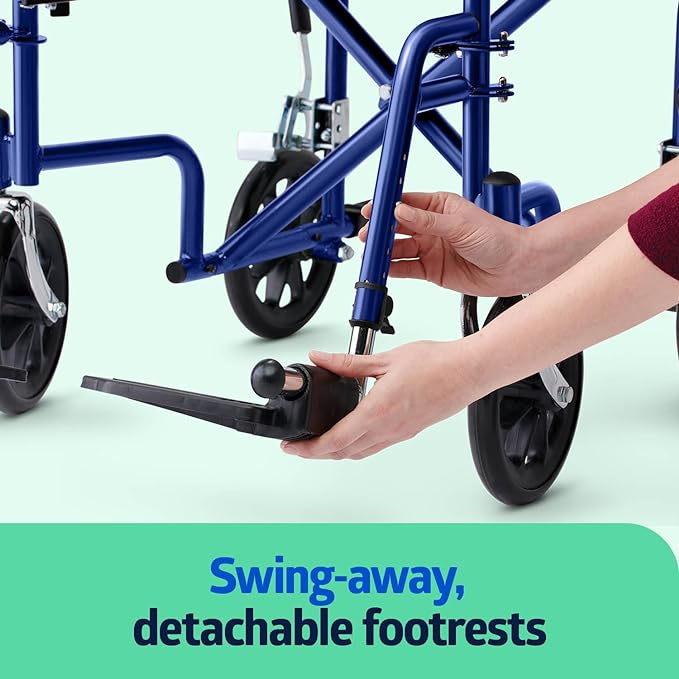 Medline Lightweight Foldable Transport Wheelchair with Handbrakes and 12-Inch Wheels, Blue Frame, Black Upholstery