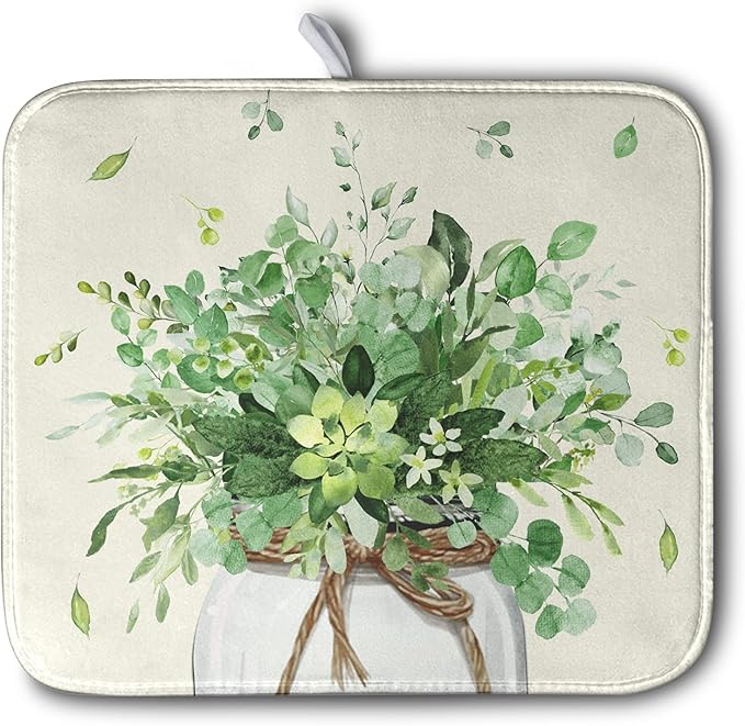 Spring Sage Green Leaves Dish Drying Mat for Kitchen Counter Eucalyptus Leaf Floral Mason Jar Dishes Drainer Mats Absorbent Microfiber Dish Draining Mat Reversible Dish Pad 16x18 Inch