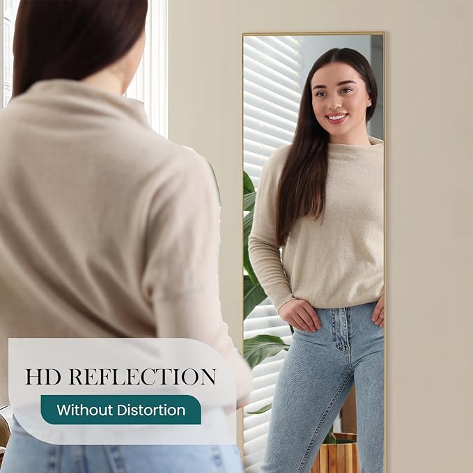 NEWBULIG 59"x16" Full Length Mirror, Full Body Floor Mirror with Aluminum Alloy Thin Frame, Wall or Standing Mirror for Bedroom, Living Room, Dressing Room, Gold