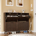 Shoe Storage Cabinet with 4 Flip Drawers, Modern Freestanding Organizer with Adjustable Shelf, Narrow Shoe Rack Cabinet for Entryway, Walnut