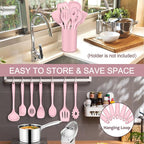P&P CHEF Silicone Cooking Utensils Set of 7, Heat-proof Kitchen Utensils Set for Nonstick Cookware, Non-stick Spatula, Slotted Turner, Soup Ladle, Pasta Server, Spoon for Cooking Serving - Pink