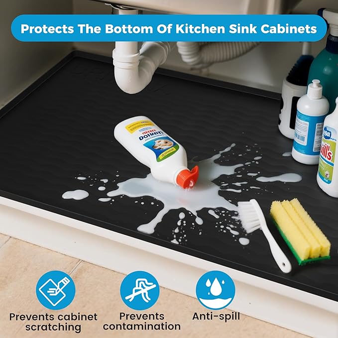 URMONA 25'' x 22'' Waterproof Silicone Under Sink Mat Cabinet and Counter Protector, Shelf Liner for Kitchen and Bathroom, Storage and Organizers, Litter Mat, Pet Cat Puppy Essentials(Khaki)