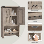 MAHANCRIS Bathroom Wall Cabinet, Farmhouse Medicine Cabinet with Adjustable Shelf, 3-Tier Wall-Mounted Storage Cabinet with 3 Hooks and Open Shelf, for Bathroom, Living Room, Kitchen, Greige