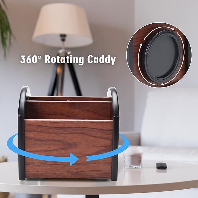 Siveit Wooden Desk Organizer, 4 Compartment Revolving Wood Desktop Organizer Office Supplies Rotating Remote Control Caddy Holder (Desk Organizer-4)