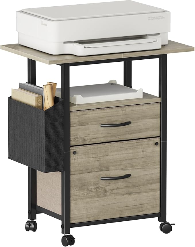 GYIIYUO 2 Drawer File Cabinet with 24'' Extended Desktop, Mobile Filing Cabinet, Rolling File Cabinet with Side Bag, Fabric Drawer, Fits A4/Letter Size, Printer Stand Home Office, Oak Grey