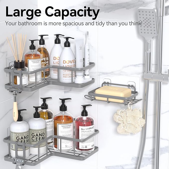 YASONIC Shower Caddy Corner, 3-Pack Adhesive Rustproof Stainless Steel Shower Shelves with Soap Holder, No Drilling Shower Organizer Corner for Dorm, Renters Bathroom, Grey