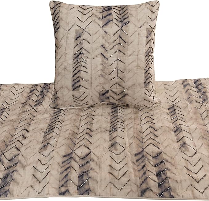 The HomeCentric King Queen Twin Grey Decorative Queen 74"x18" Bed Runner with Pillow Cover, Tie & Dye Beaded Bed Scarf on Cotton Fabric - Tie Dye Chevy