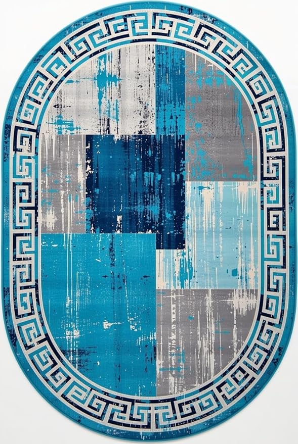 Distressed Blue Grey Greek Key Pattern Indoor Area Rug 7x9 for Living Room Bedroom Dining Room Faux Wool Anti Slip Floor Mats Nursery Entryway Minimalist Geometric Texture Bordered Rugs Retro Carpet