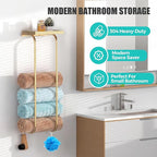 31" Towel Racks for Bathroom, Heavy-Duty Stainless Steel Holds 6 Large Rolled Towels,Wall Mounted Towel Holder with Shelf & Hooks,Extra-Wide Opening Wall Storage for Small Bathroom, Brushed Gold