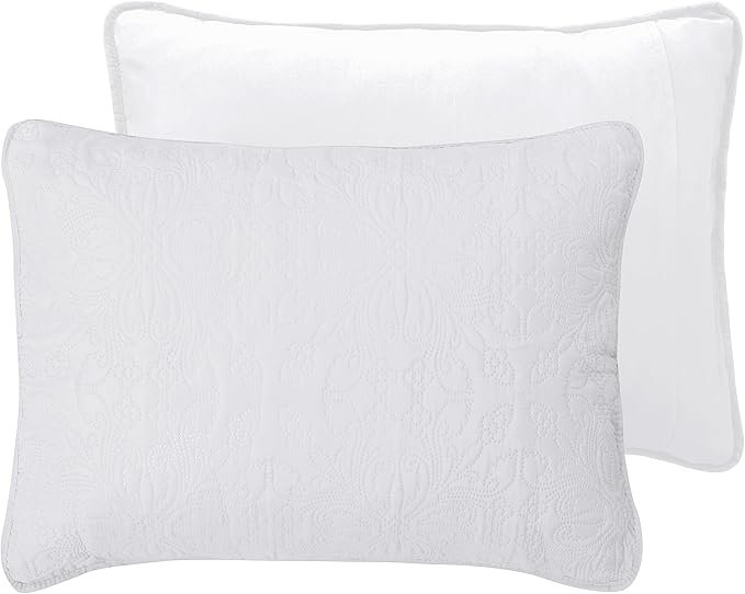 Easy-Going King Size Reversible Quilt Set with 1 Quilt and 2 Pillow Shams, Soft Bed Quilt Cover, Water Resistant Lightweight Microfiber Bedspread, Stain Resistant, Damask-White/White